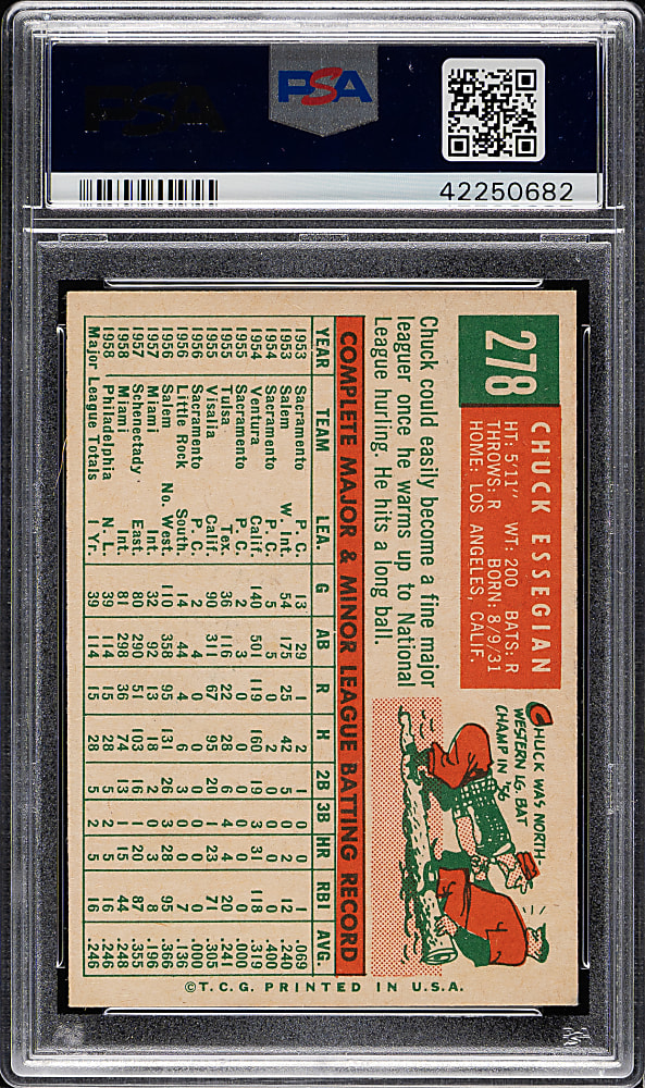1959 Topps #278 Chuck Essegian White Back PSA MINT 9