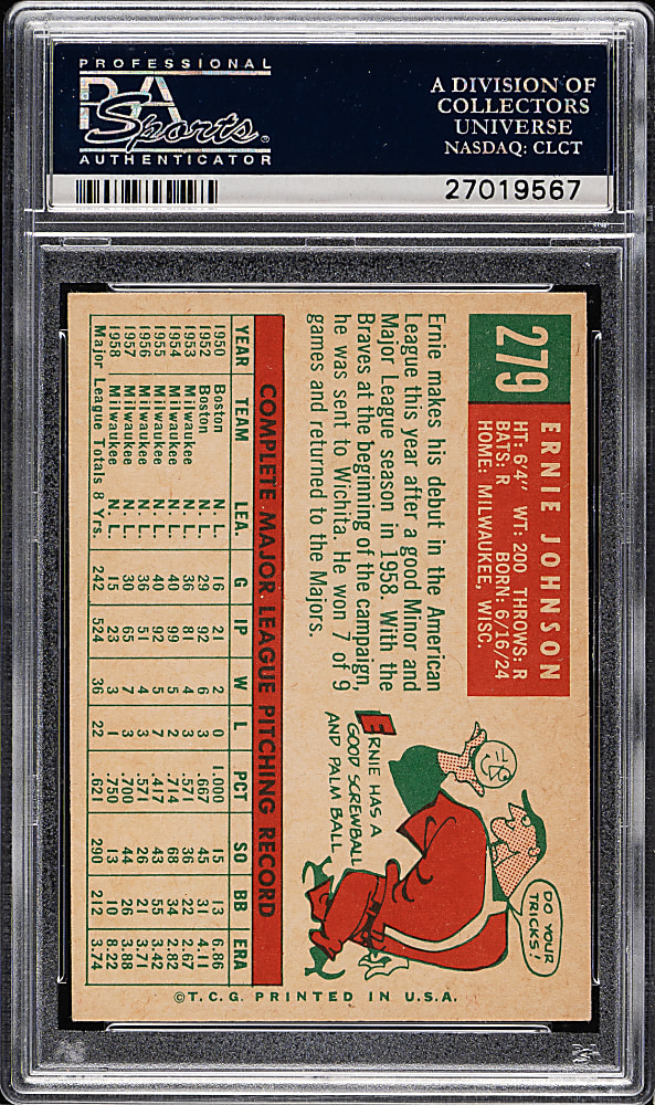1959 Topps #279 Ernie Johnson White Back PSA MINT 9