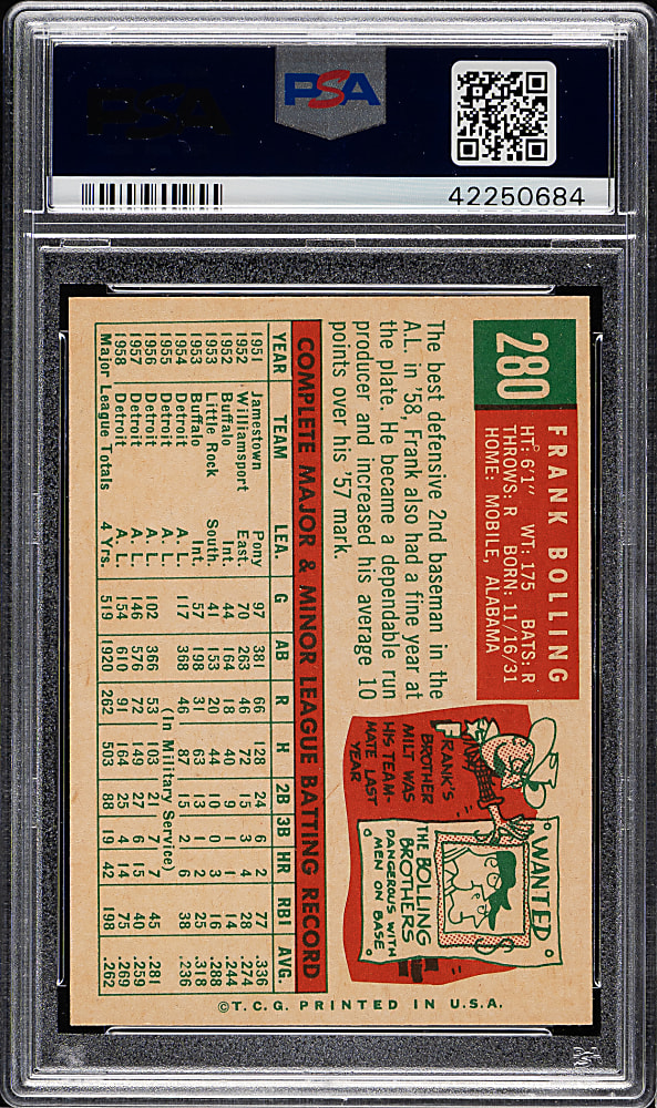 1959 Topps #280 Frank Bolling White Back PSA MINT 9