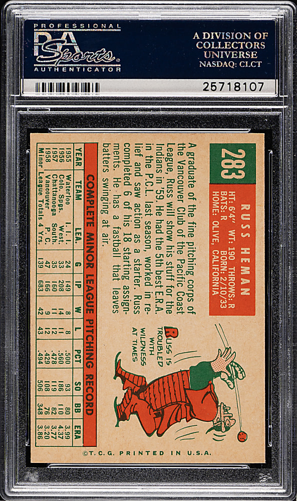 1959 Topps #283 Russ Heman White Back PSA MINT 9