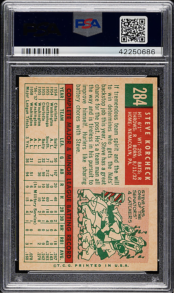 1959 Topps #284 Steve Korcheck White Back PSA MINT 9 - Highest Graded!