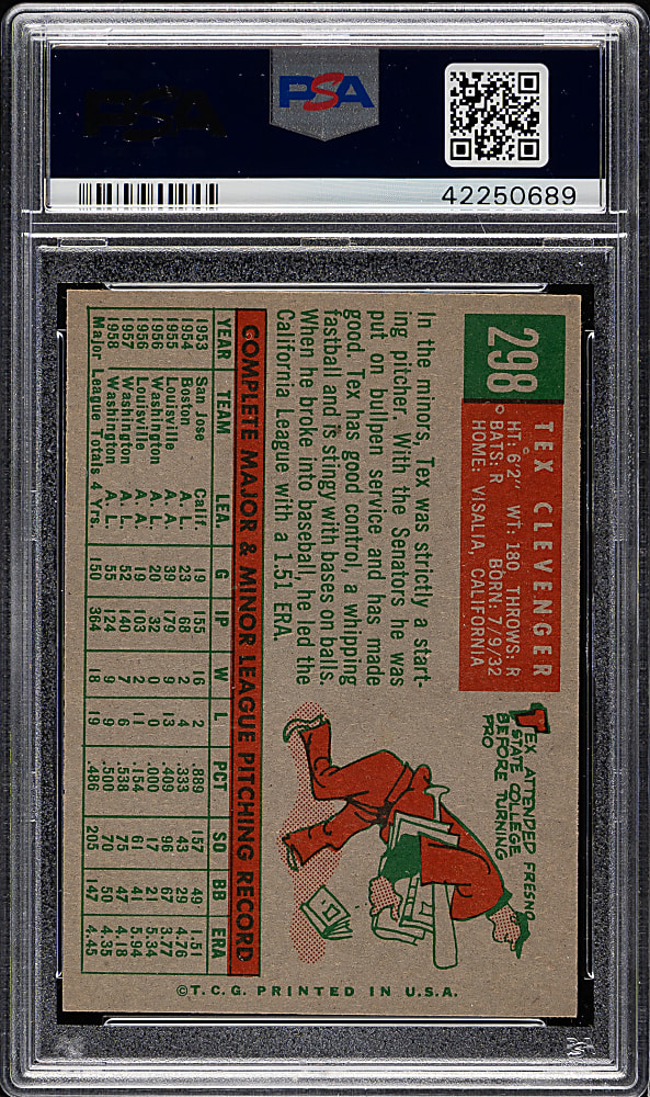 1959 Topps #298 Tex Clevenger PSA MINT 9