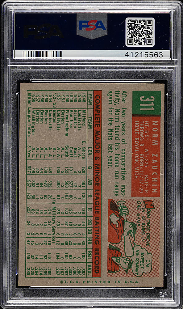 1959 Topps #311 Norm Zauchin PSA MINT 9 - Highest Graded!