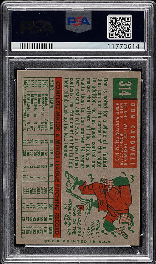 1959 Topps #314 Don Cardwell PSA MINT 9 - Highest Graded!