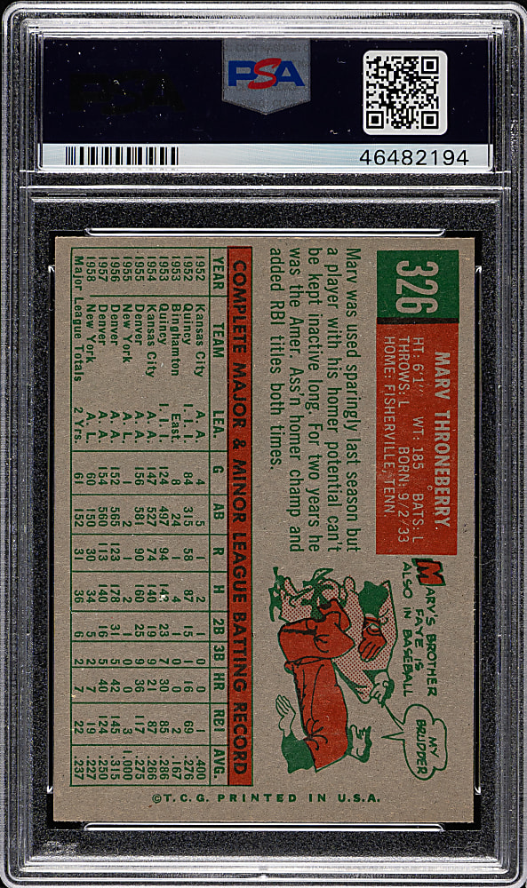 1959 Topps #326 Marv Throneberry PSA MINT 9 - Highest Graded!