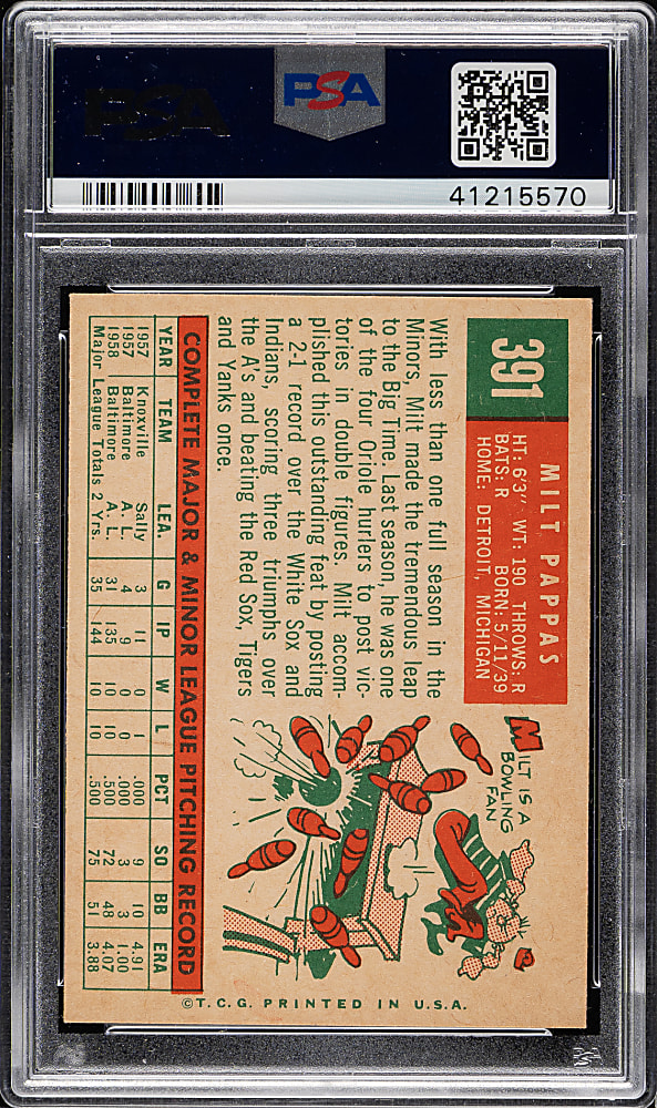 1959 Topps #391 Milt Pappas PSA MINT 9