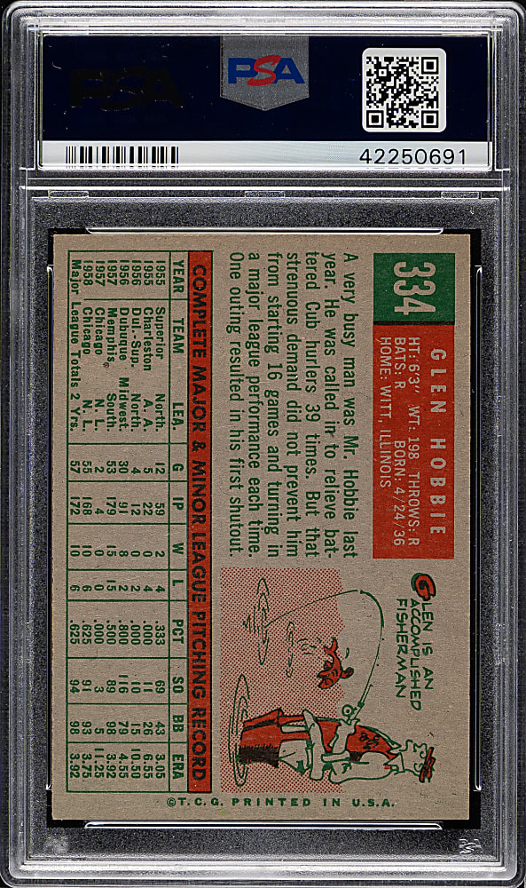 1959 Topps #334 Glen Hobbie PSA MINT 9 - Highest Graded!