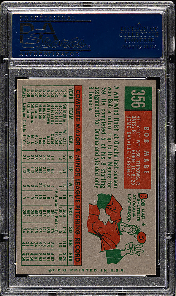 1959 Topps #356 Bob Mabe PSA MINT 9 - Highest Graded!
