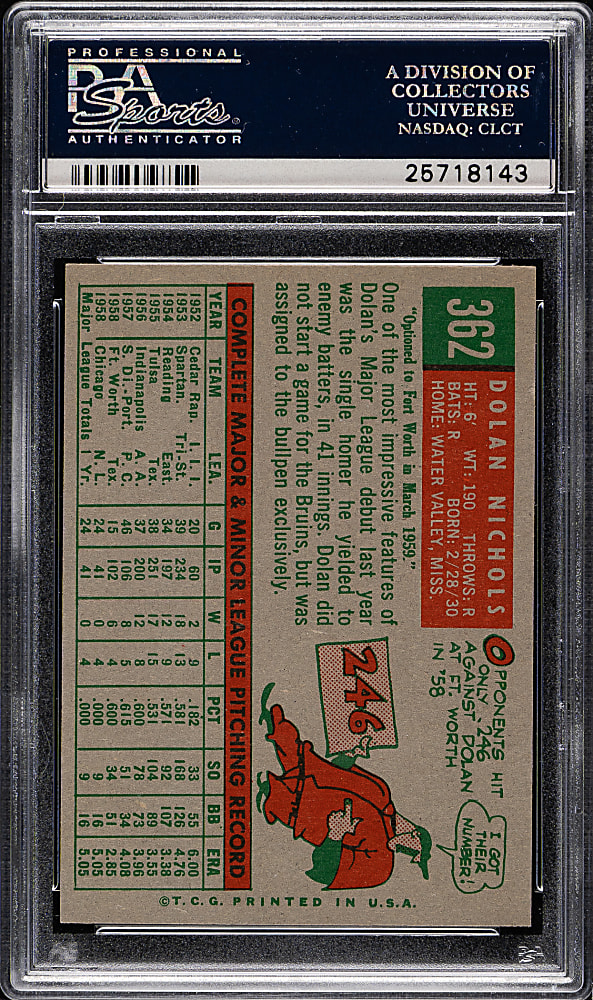 1959 Topps #362 Dolan Nichols with Option Statement PSA MINT 9 - Highest Graded!