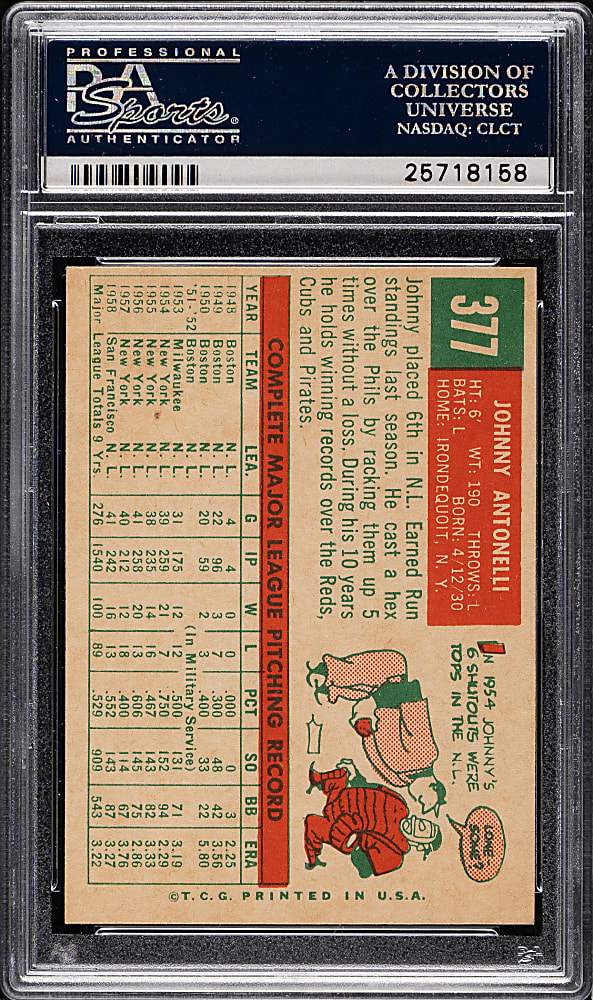 1959 Topps #377 Johnny Antonelli PSA MINT 9 - Highest Graded!
