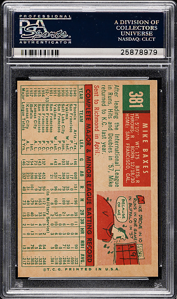 1959 Topps #381 Mike Baxes PSA MINT 9