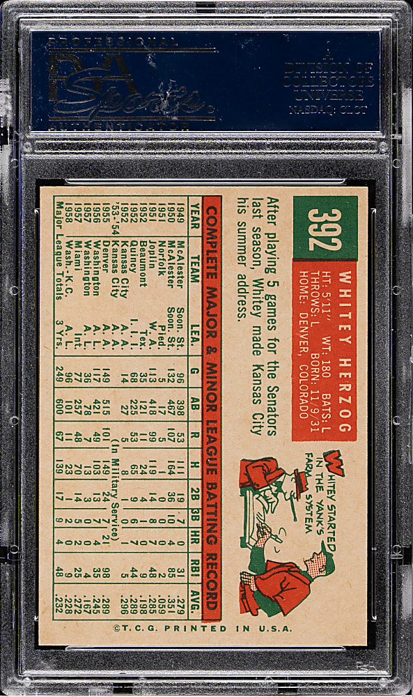 1959 Topps #392 Whitey Herzog PSA MINT 9