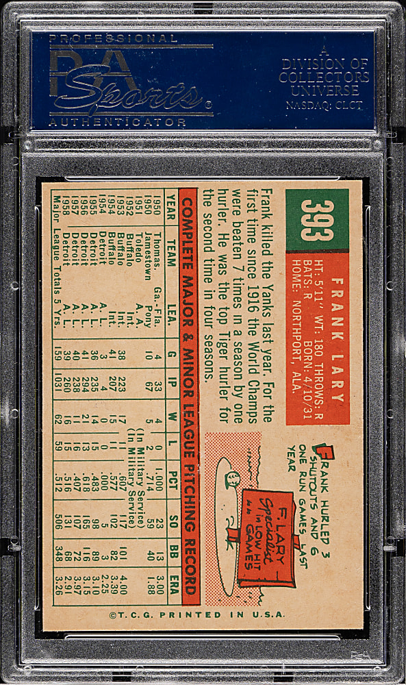 1959 Topps #393 Frank Lary PSA MINT 9