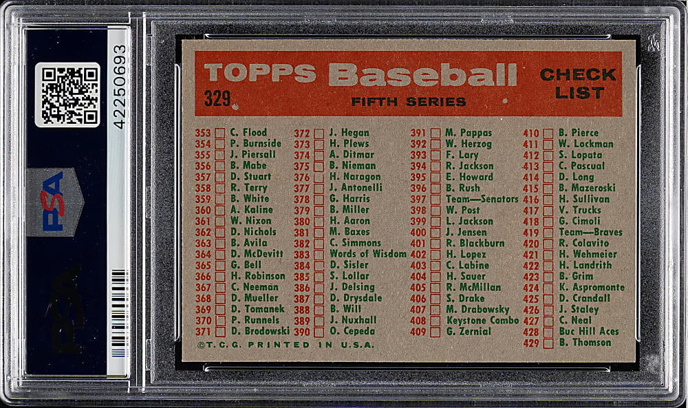 1959 Topps #329 Detroit Tigers Team PSA MINT 9 - Highest Graded!