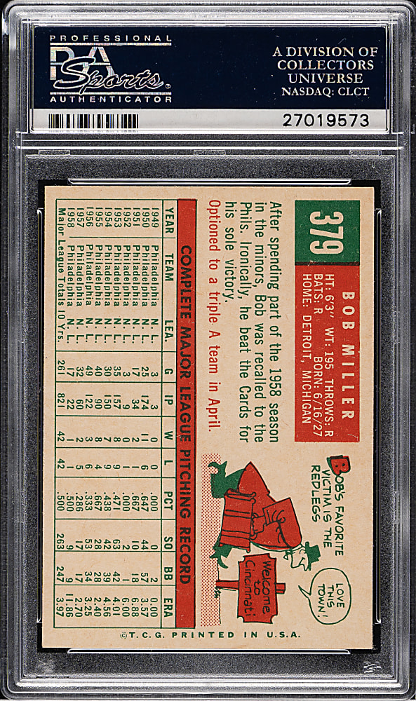 1959 Topps #379 Bob Miller PSA MINT 9