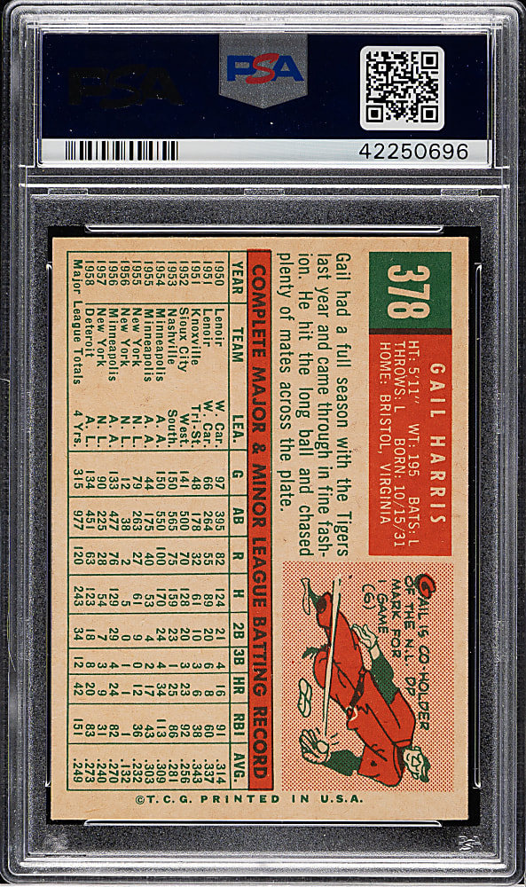 1959 Topps #378 Gail Harris PSA MINT 9