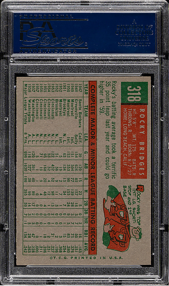 1959 Topps #318 Rocky Bridges PSA MINT 9 - Highest Graded!