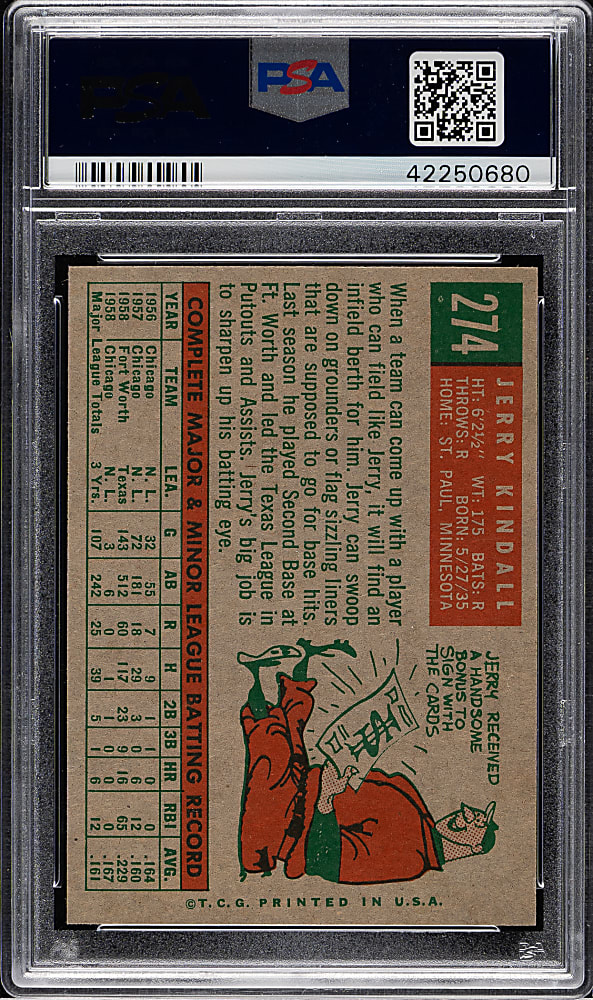 1959 Topps #274 Jerry Kindall Gray Back PSA MINT 9