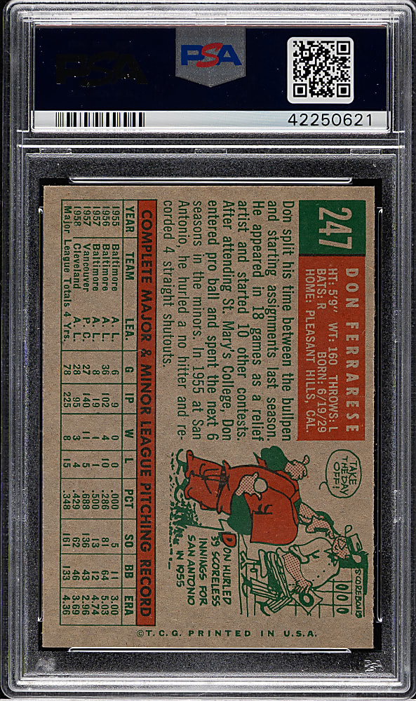 1959 Topps #247 Don Ferrarese Gray Back PSA MINT 9