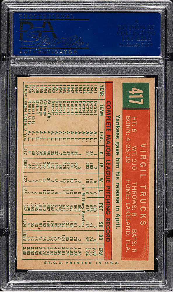 1959 Topps #417 Virgil Trucks PSA MINT 9