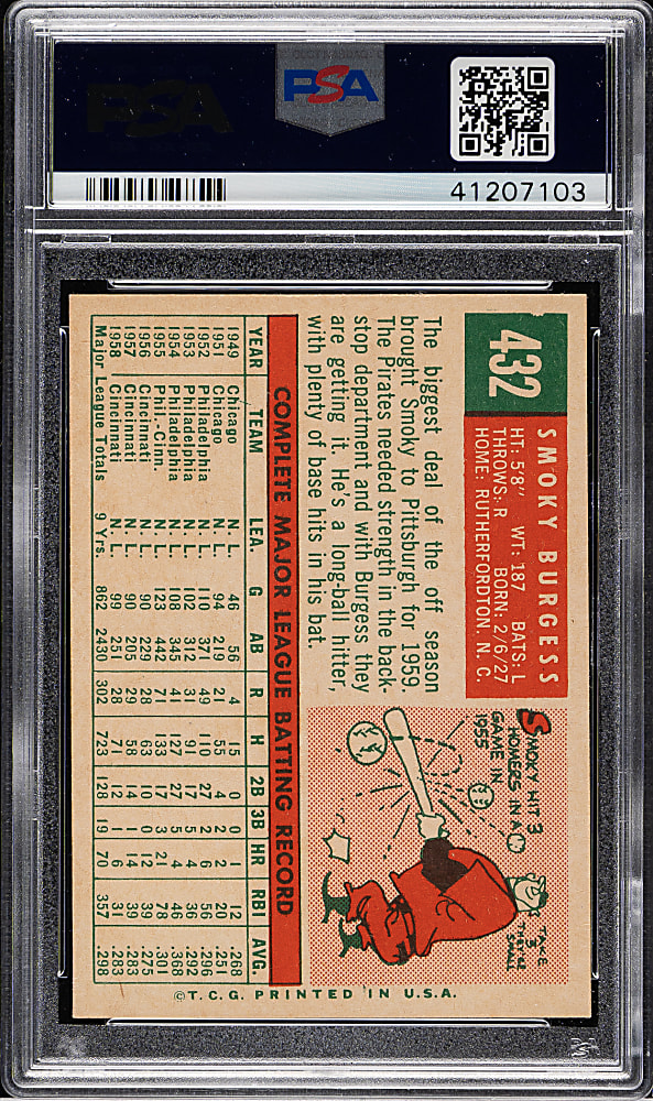 1959 Topps #432 Smoky Burgess PSA MINT 9 - Highest Graded!