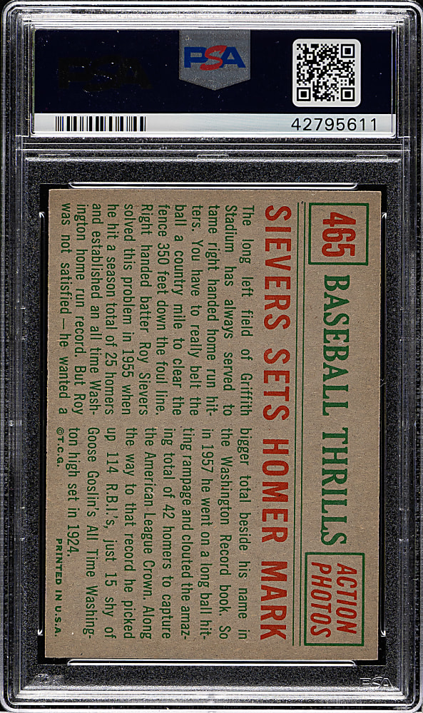 1959 Topps #465 Sievers Sets Homer Mark PSA MINT 9