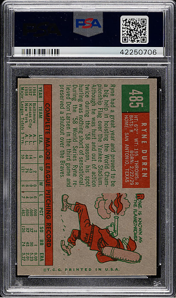 1959 Topps #485 Ryne Duren PSA MINT 9 - Highest Graded!