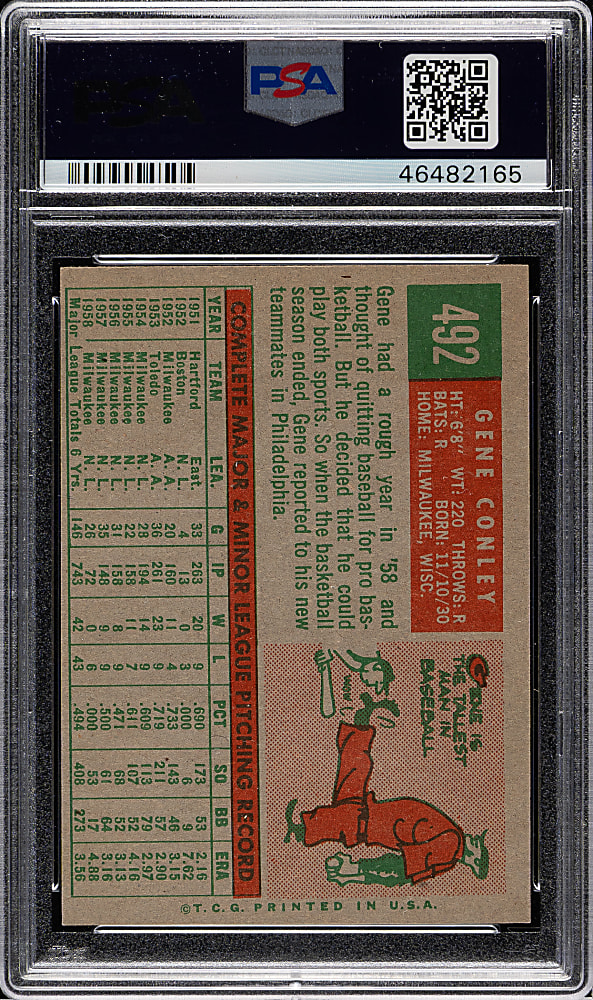 1959 Topps #492 Gene Conley PSA MINT 9