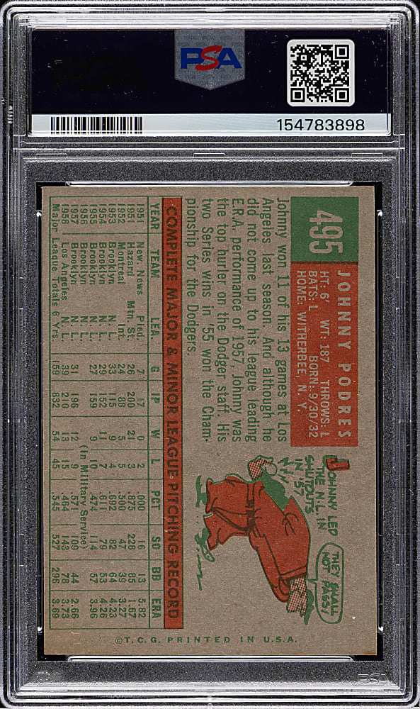 1959 Topps #495 Johnny Podres PSA MINT 9