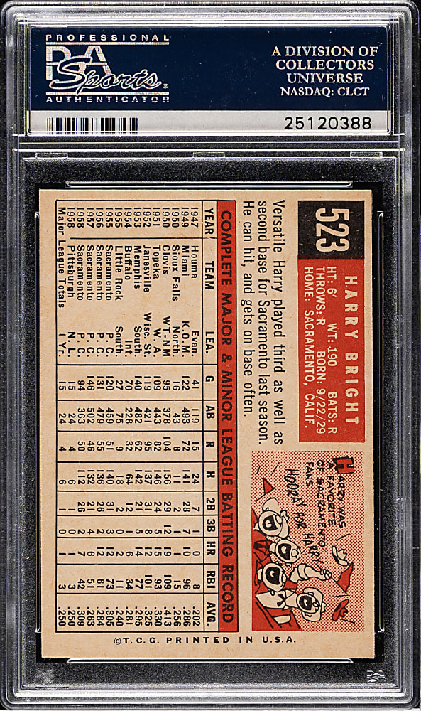 1959 Topps #523 Harry Bright PSA MINT 9 - Highest Graded!