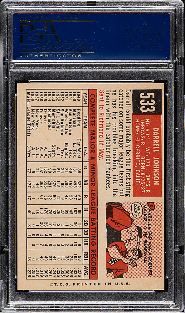 1959 Topps #533 Darrell Johnson PSA MINT 9 - Highest Graded!