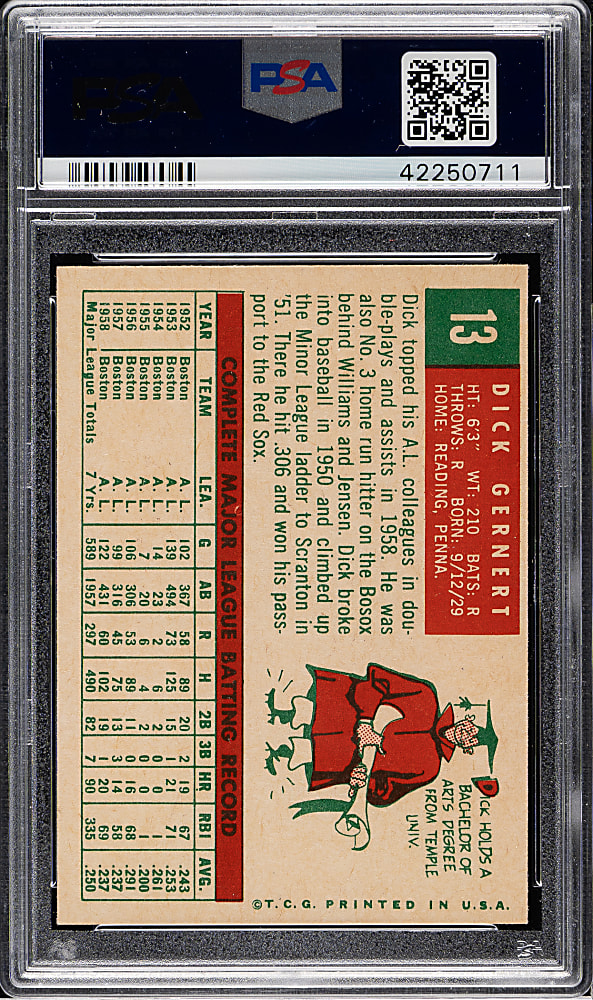 1959 Topps #13 Dick Gernert PSA MINT 9