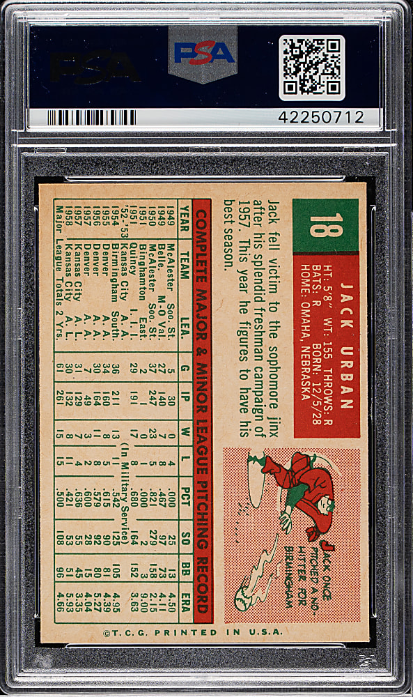 1959 Topps #18 Jack Urban PSA MINT 9