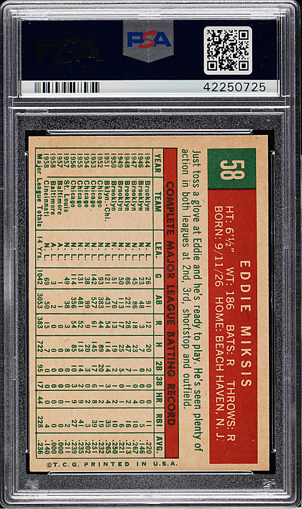 1959 Topps #58 Eddie Miksis PSA MINT 9