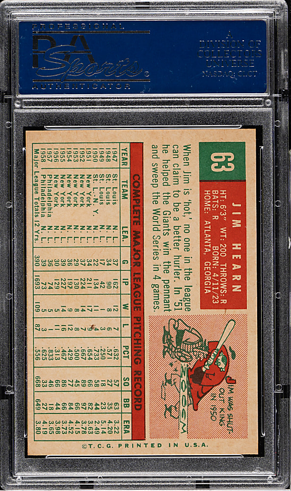 1959 Topps #63 Jim Hearn PSA MINT 9