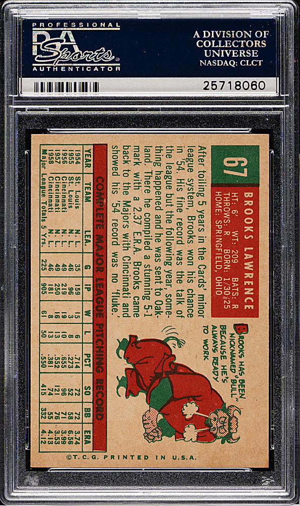1959 Topps #67 Brooks Lawrence PSA MINT 9 - Highest Graded!