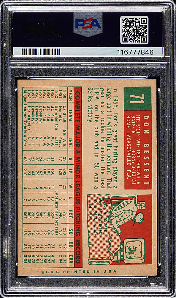 1959 Topps #71 Don Bessent PSA MINT 9
