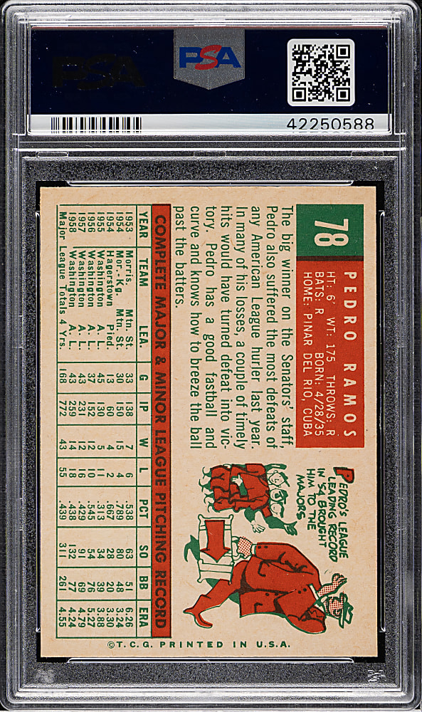 1959 Topps #78 Pedro Ramos PSA MINT 9 - Highest Graded!