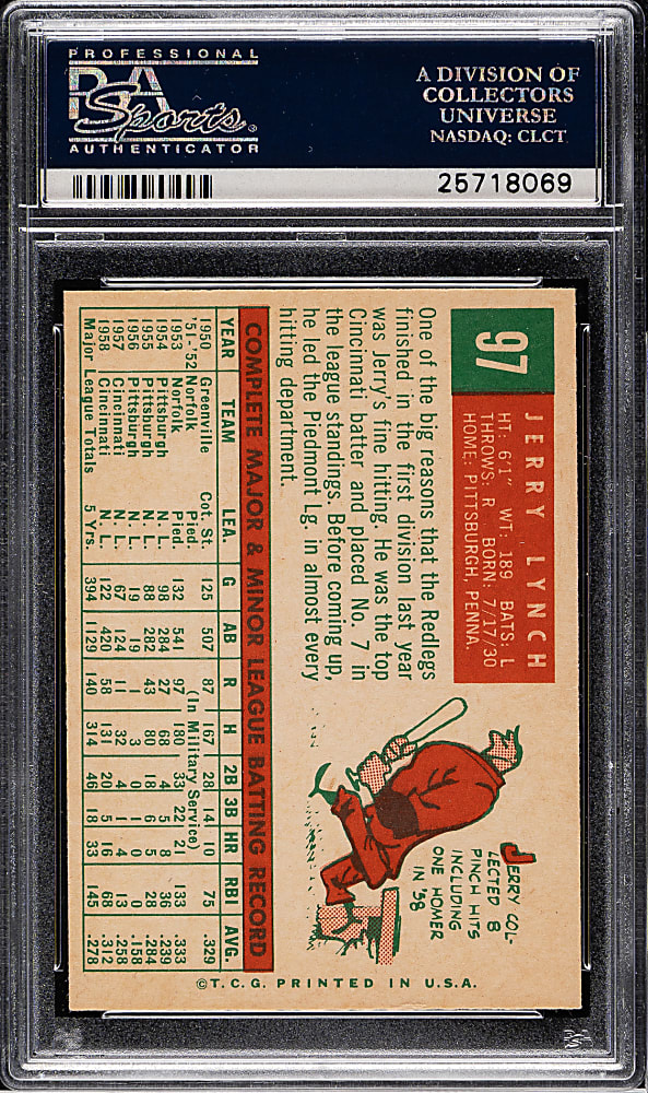 1959 Topps #97 Jerry Lynch PSA MINT 9 - Highest Graded!