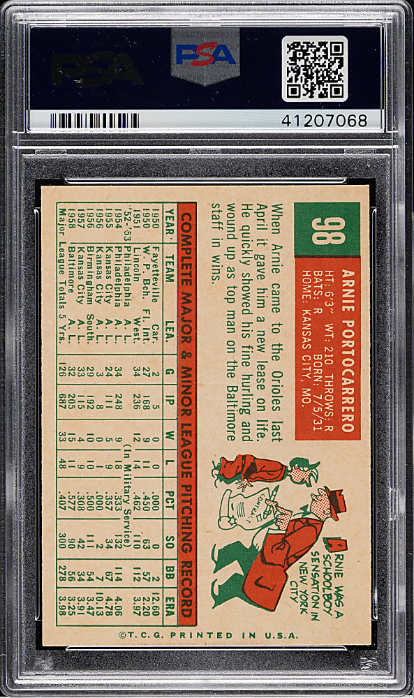 1959 Topps #98 Arnie Portocarrero PSA MINT 9