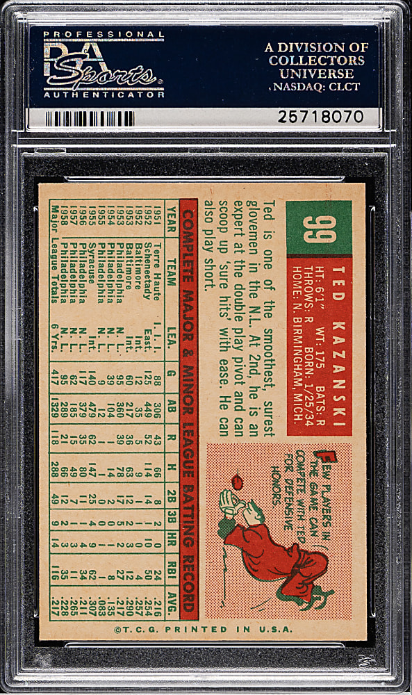 1959 Topps #99 Ted Kazanski PSA MINT 9