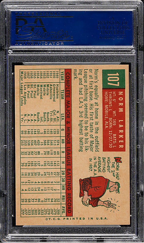 1959 Topps #107 Norm Larker PSA MINT 9 - Highest Graded!