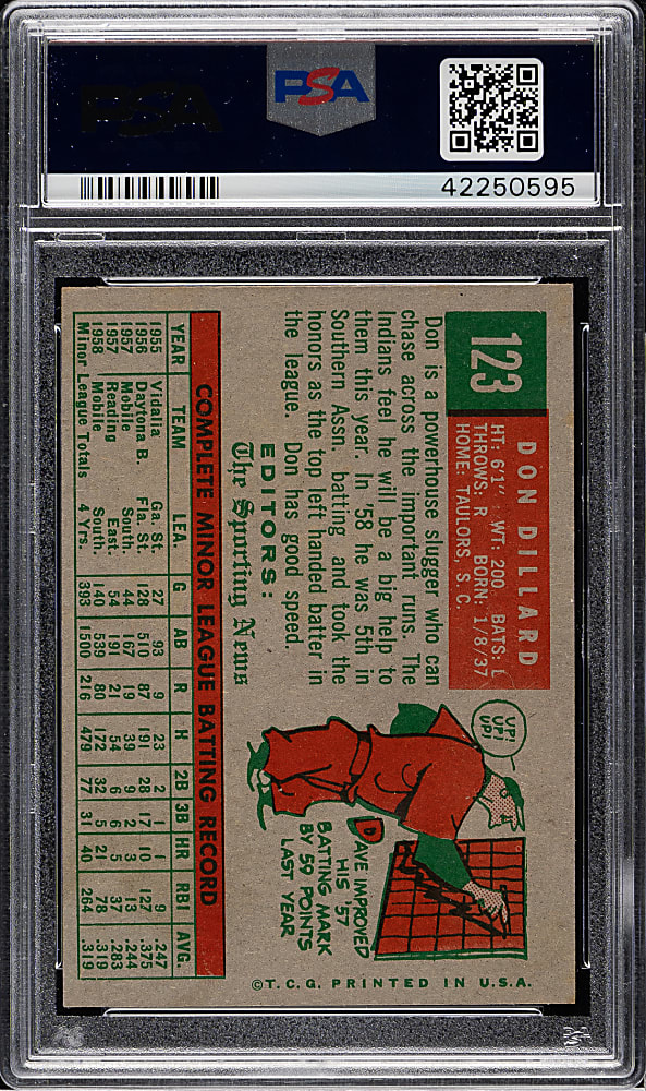 1959 Topps #123 Don Dillard PSA MINT 9 - Highest Graded!