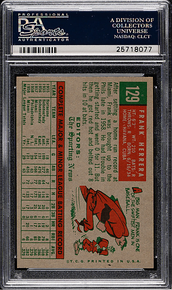 1959 Topps #129 Frank Herrera PSA MINT 9 - Highest Graded!