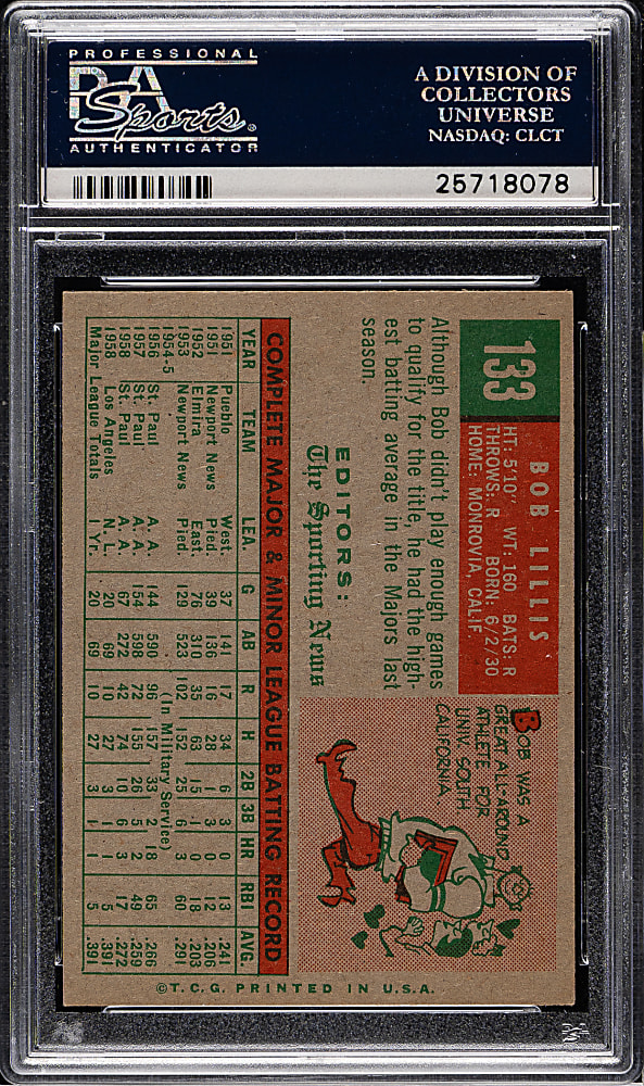 1959 Topps #133 Bob Lillis PSA MINT 9 - Highest Graded!