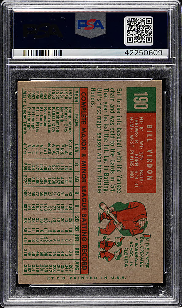 1959 Topps #190 Bill Virdon PSA MINT 9 - Highest Graded!