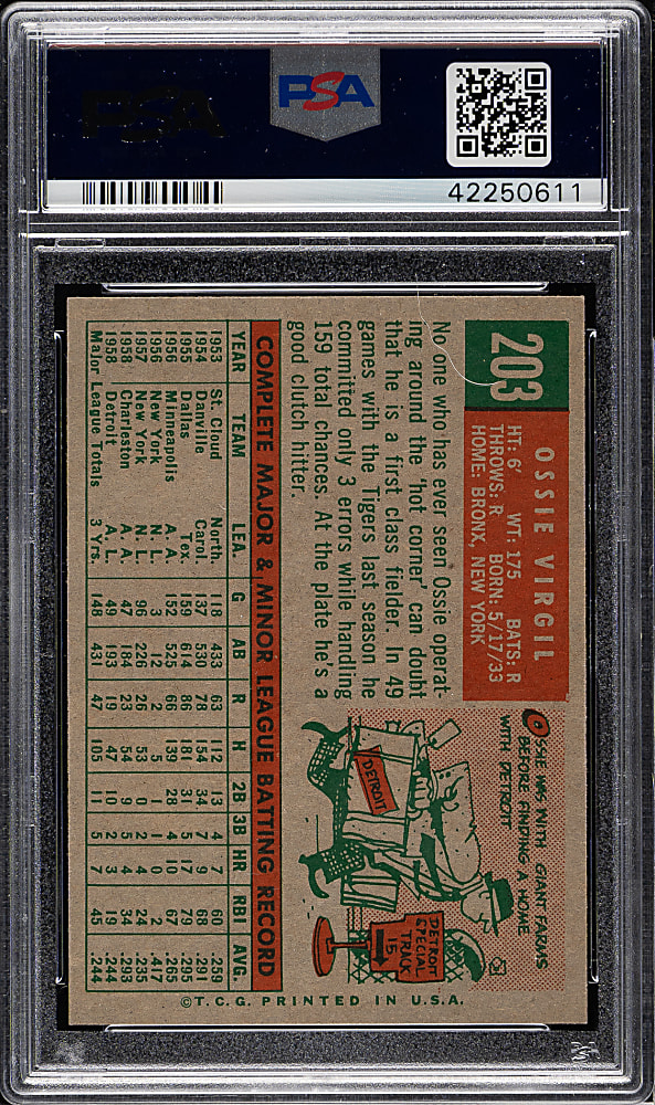 1959 Topps #203 Ozzie Virgil Gray Back PSA MINT 9