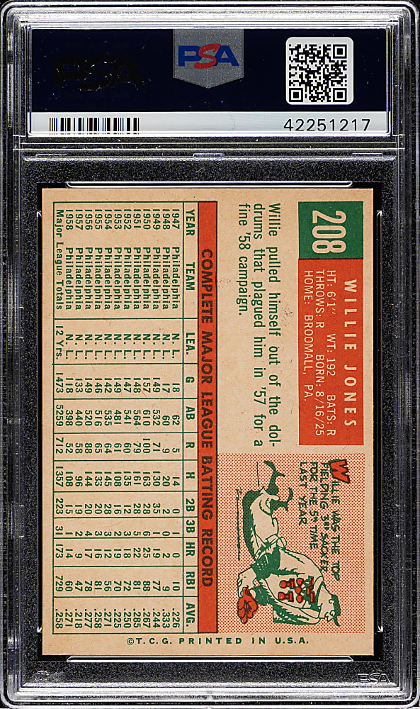 1959 Topps #208 Willie Jones White Back PSA MINT 9 - Highest Graded!