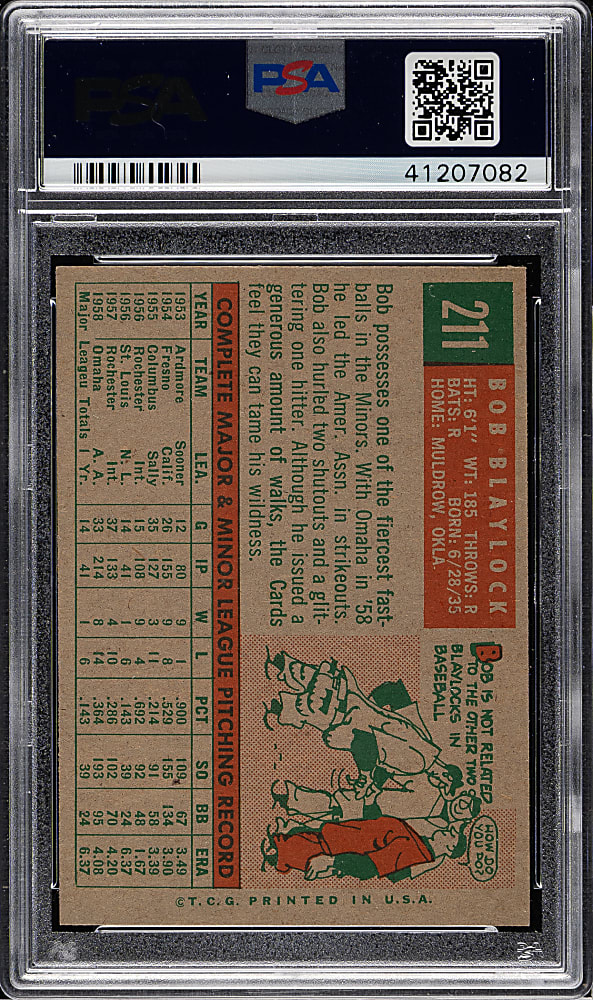 1959 Topps #211 Bob Blaylock Gray Back PSA MINT 9