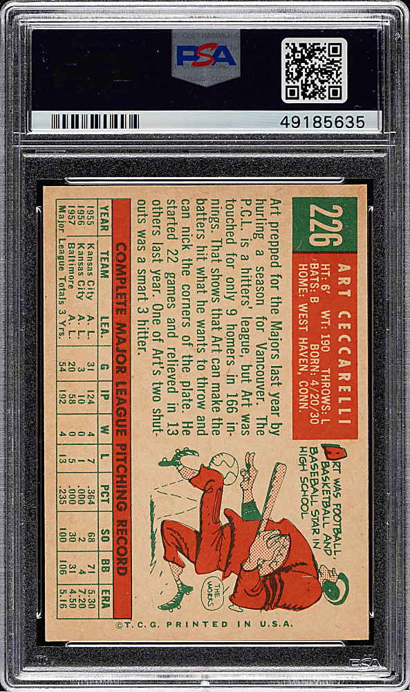 1959 Topps #226 Art Ceccarelli White Back PSA MINT 9